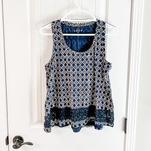 Loft Navy Diamond Graphic Tank Top Embroidered Hem Size Large